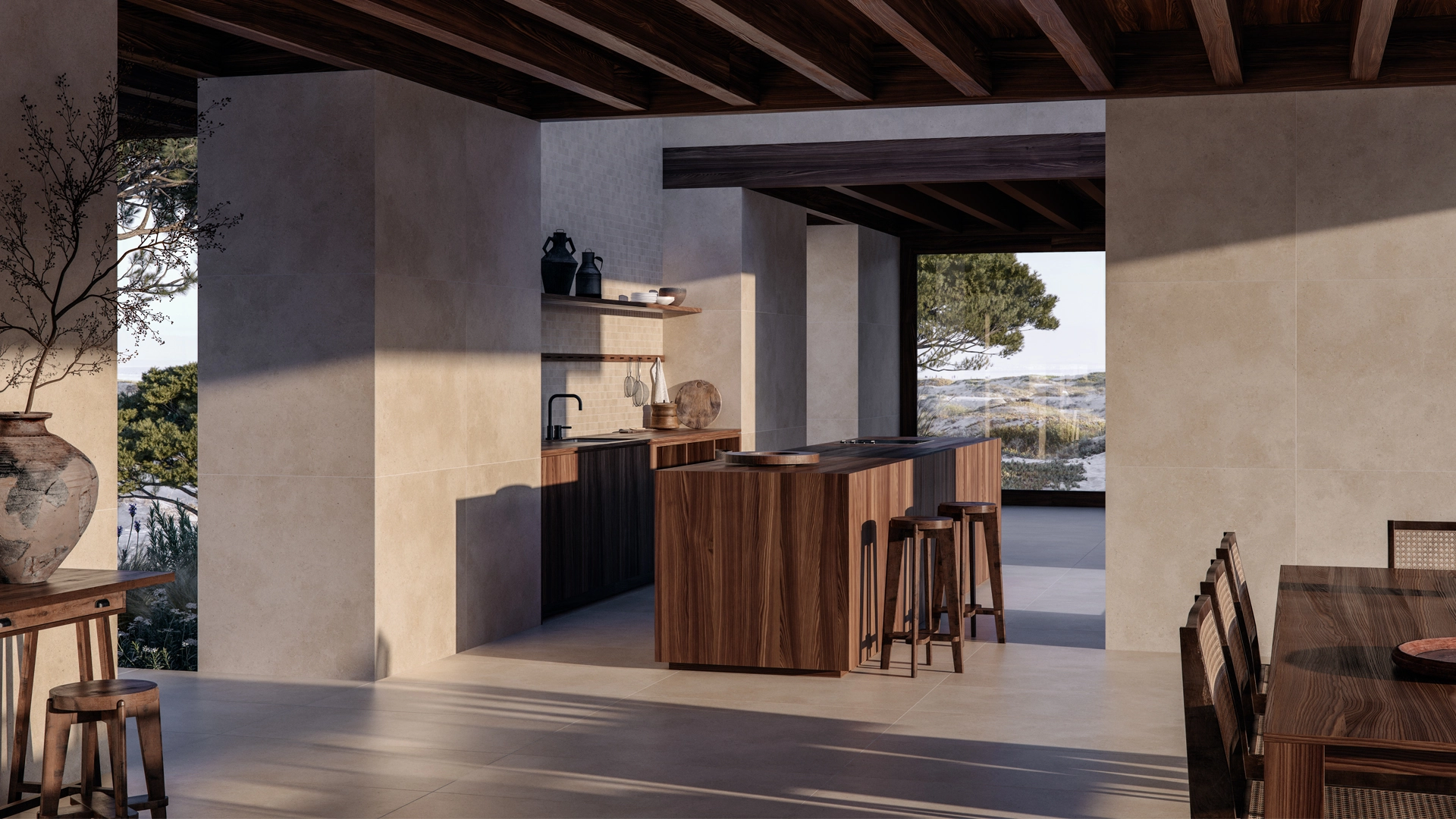 Ambiente Ecoliving — cozinha aberta para a paisagem com pavimento em porcelanato
