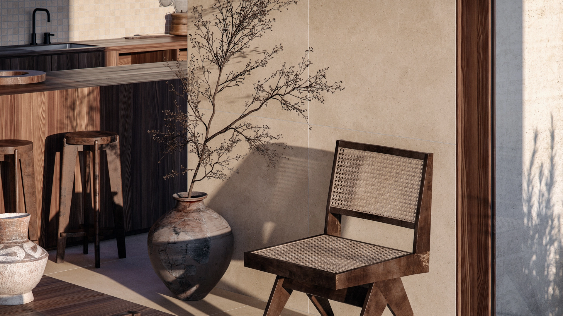 Detalhe de cadeira de palhinha sobre pavimento Ecoliving